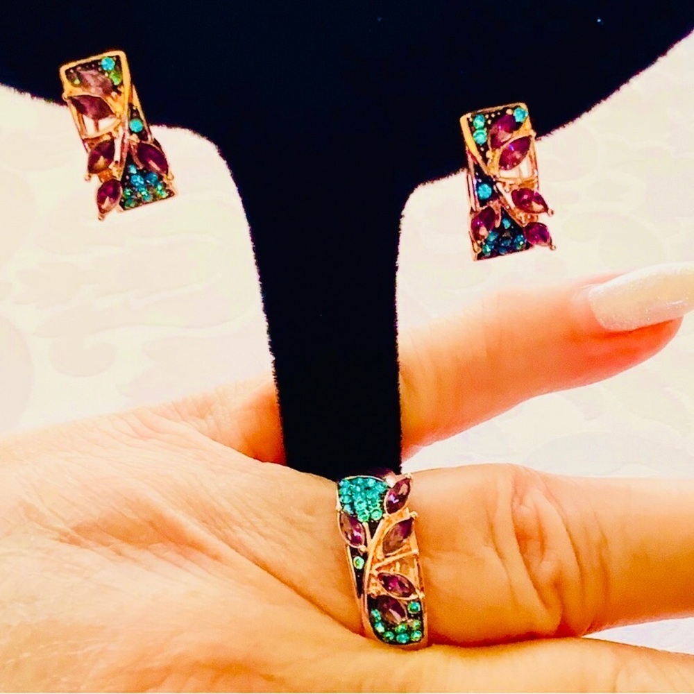 Rose Gold Ring 10 & Earrings, Amethyst leaves & Teal Zircon